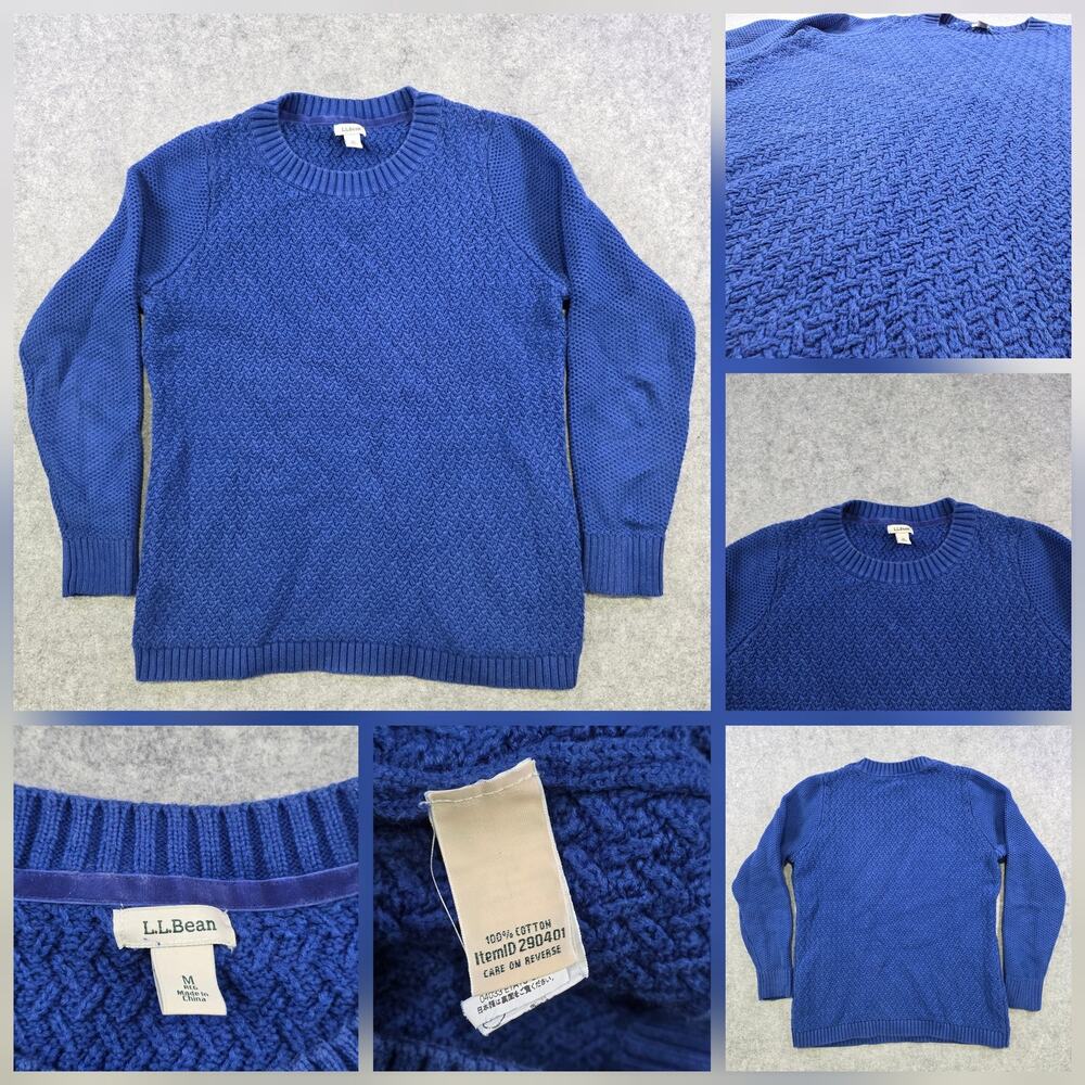 LL Bean Sweater Mens Medium Blue Waffle Knit 100% Cotton Crewneck Pullover